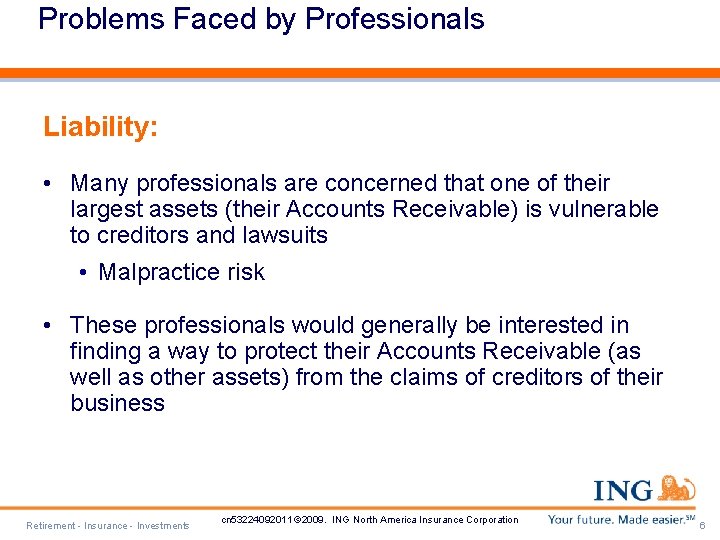 Problems Faced by Professionals Liability: • Many professionals are concerned that one of their