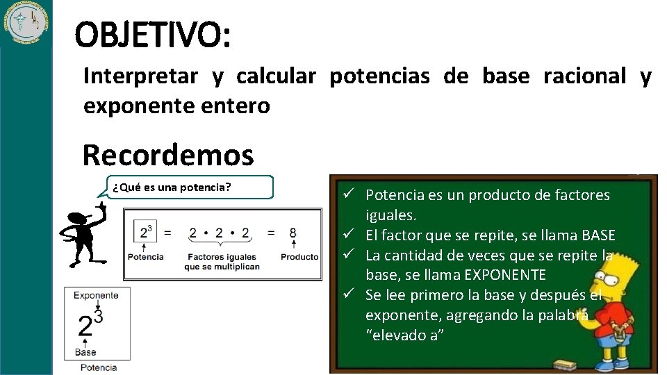 OBJETIVO: Interpretar y calcular potencias de base racional y exponentero Recordemos ¿Qué es una OBJETIVO: Interpretar y calcular potencias de base racional y exponentero Recordemos ¿Qué es una
