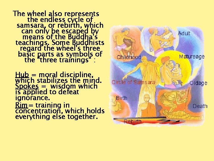 The wheel also represents the endless cycle of samsara, or rebirth, which can only