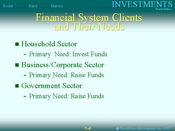 Bodie Kane INVESTMENTS Marcus Fourth Edition Financial System Clients and Their Needs n Household