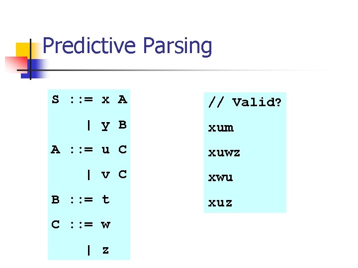 Predictive Parsing S : : = x A | y B A : :