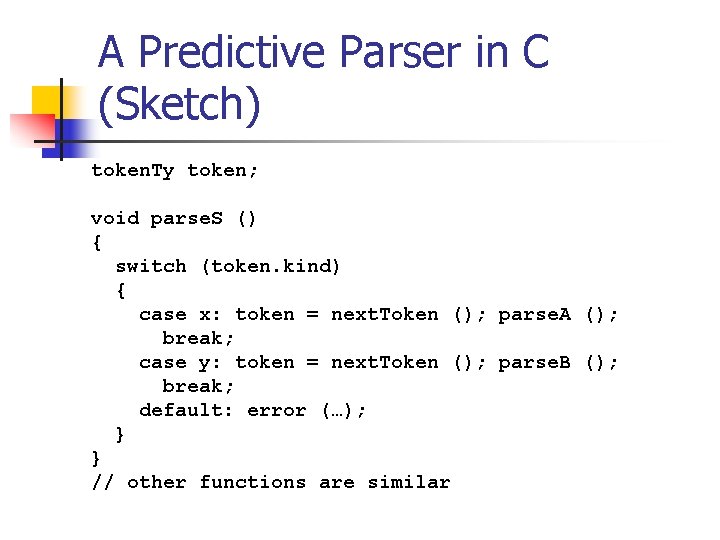 A Predictive Parser in C (Sketch) token. Ty token; void parse. S () {