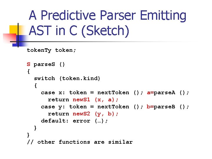 A Predictive Parser Emitting AST in C (Sketch) token. Ty token; S parse. S