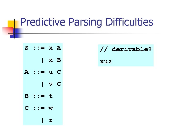 Predictive Parsing Difficulties S : : = x A | x B A :