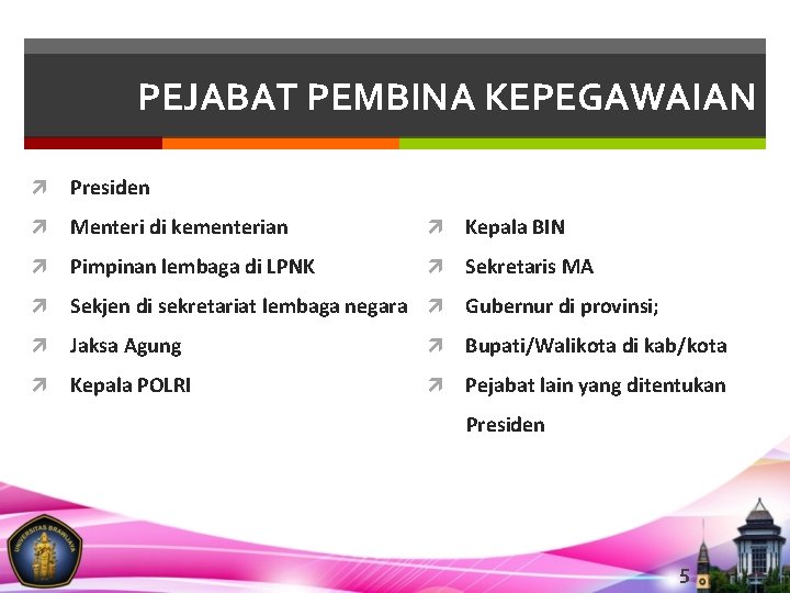 PEJABAT PEMBINA KEPEGAWAIAN Presiden Menteri di kementerian Kepala BIN Pimpinan lembaga di LPNK Sekretaris