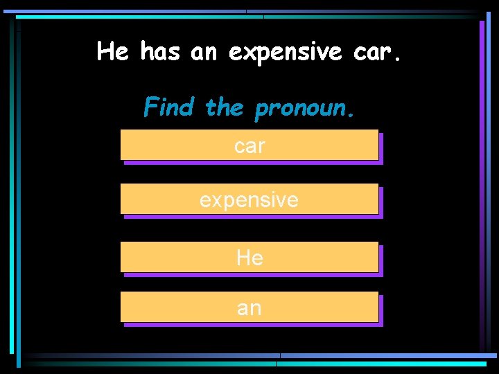 He has an expensive car. Find the pronoun. car expensive He an 