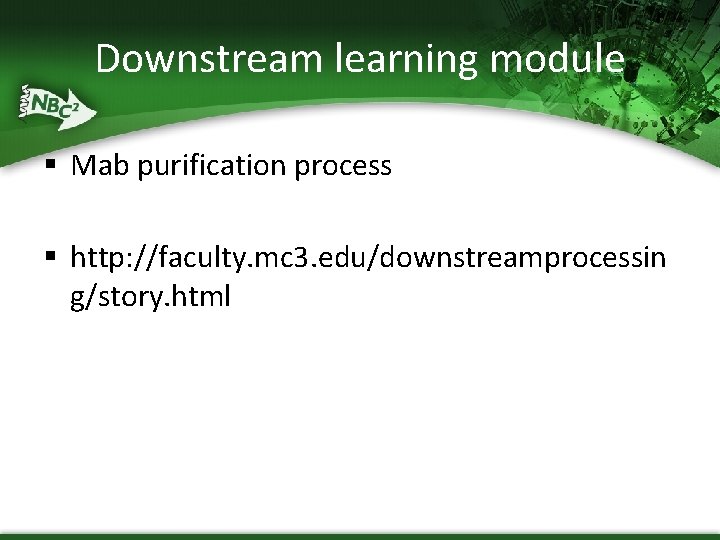 Downstream learning module § Mab purification process § http: //faculty. mc 3. edu/downstreamprocessin g/story. Downstream learning module § Mab purification process § http: //faculty. mc 3. edu/downstreamprocessin g/story.