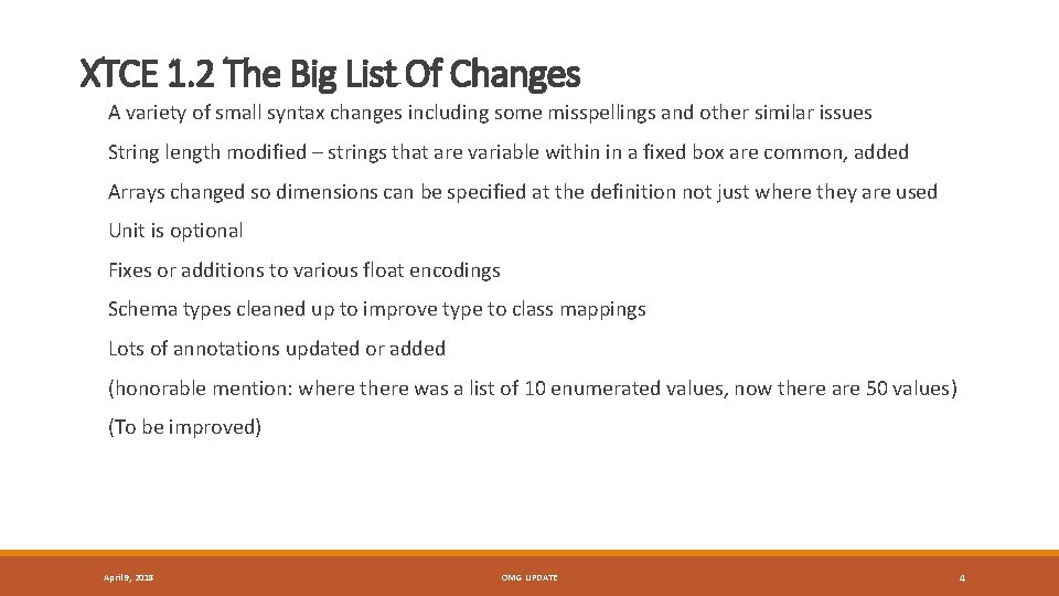 XTCE 1. 2 The Big List Of Changes A variety of small syntax changes