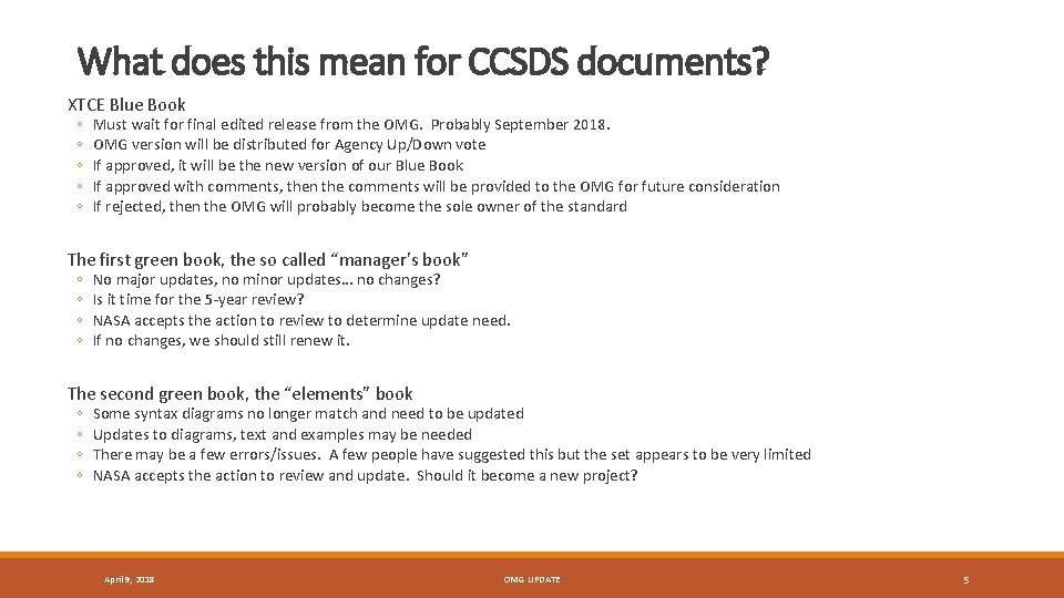 What does this mean for CCSDS documents? XTCE Blue Book ◦ ◦ ◦ Must