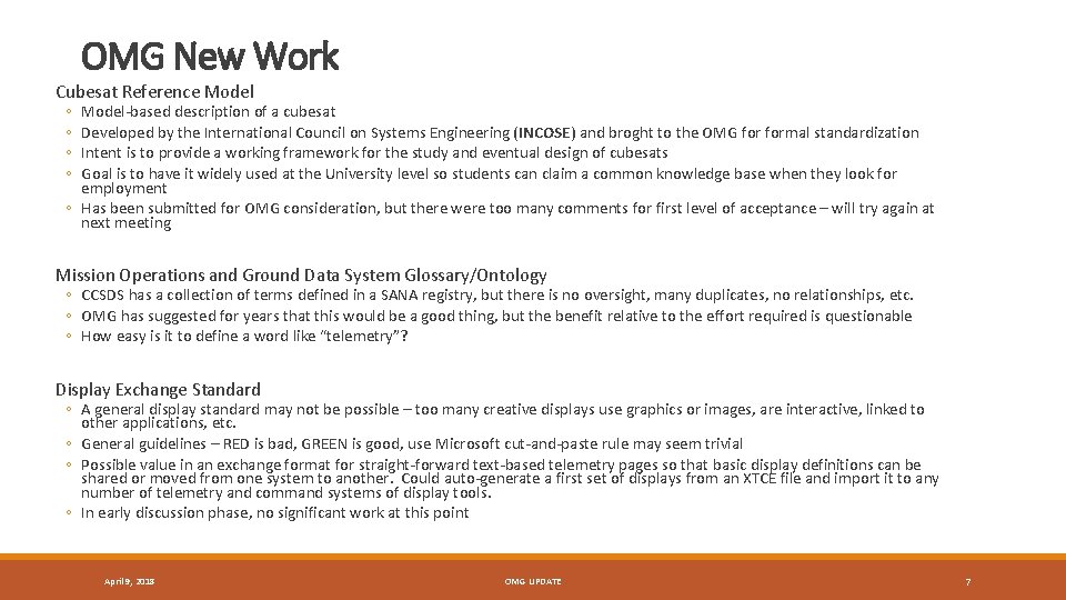 OMG New Work Cubesat Reference Model ◦ ◦ Model-based description of a cubesat Developed