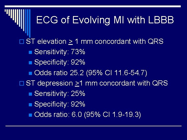 ECG of Evolving MI with LBBB o ST elevation > 1 mm concordant with