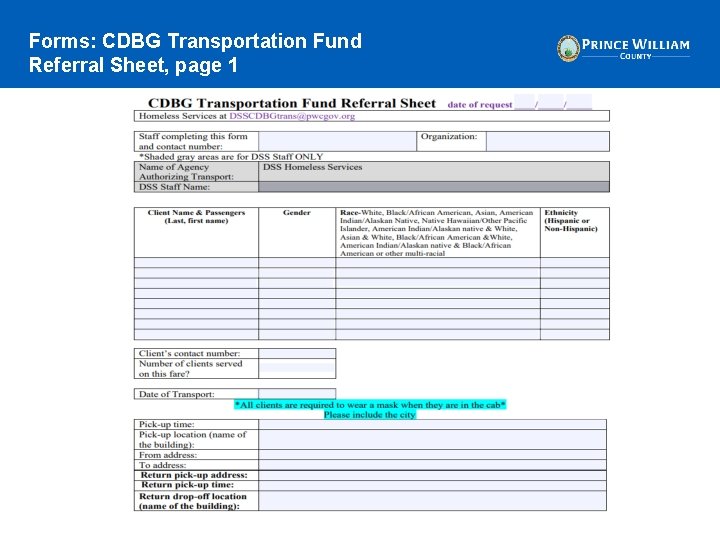 Forms: CDBG Transportation Fund Referral Sheet, page 1 