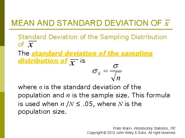 MEAN AND STANDARD DEVIATION OF x Standard Deviation of the Sampling Distribution of The