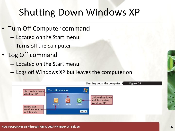 Shutting Down Windows XP • Turn Off Computer command – Located on the Start