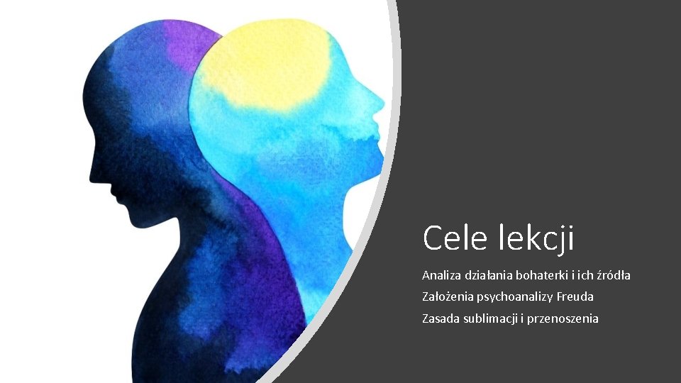 Cele lekcji Analiza działania bohaterki i ich źródła Założenia psychoanalizy Freuda Zasada sublimacji i