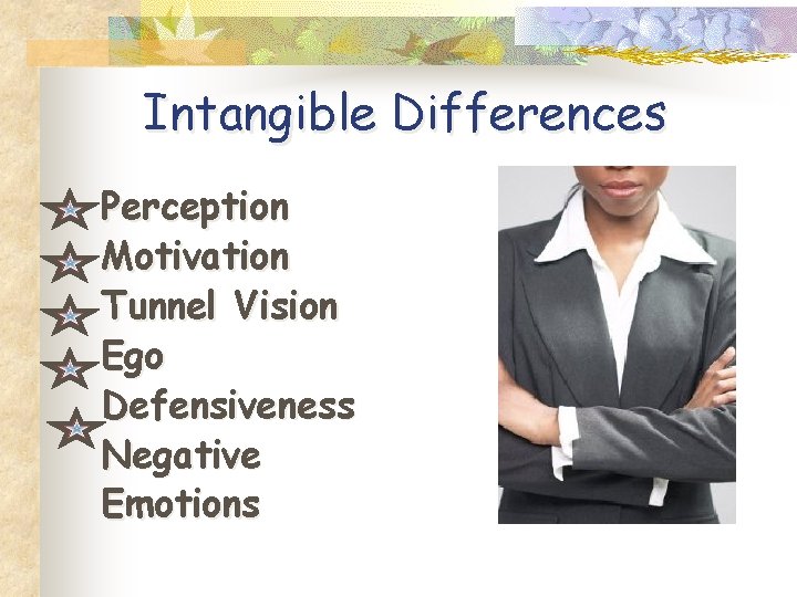 Intangible Differences Perception Motivation Tunnel Vision Ego Defensiveness Negative Emotions Intangible Differences Perception Motivation Tunnel Vision Ego Defensiveness Negative Emotions