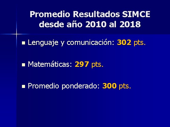 Promedio Resultados SIMCE desde año 2010 al 2018 n Lenguaje y comunicación: 302 pts.