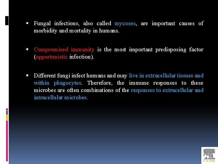  Fungal infections, also called mycoses, are important causes of morbidity and mortality in