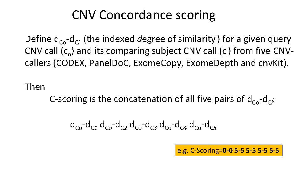 CNV Concordance scoring Define d. Co-d. Ci (the indexed degree of similarity ) for