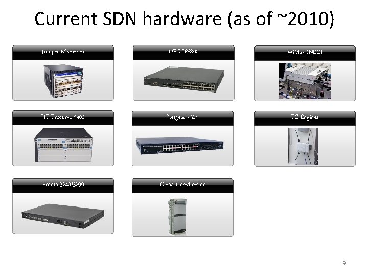 Current SDN hardware (as of ~2010) Juniper MX-series NEC IP 8800 Wi. Max (NEC) Current SDN hardware (as of ~2010) Juniper MX-series NEC IP 8800 Wi. Max (NEC)