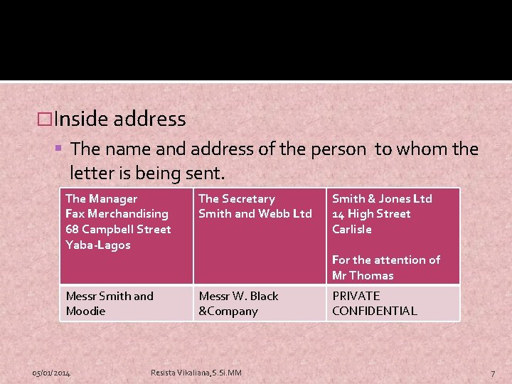 �Inside address The name and address of the person to whom the letter is