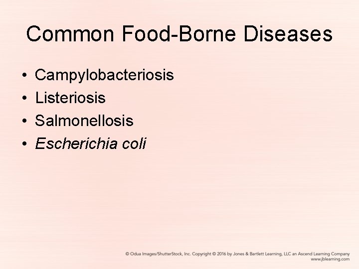 Common Food-Borne Diseases • • Campylobacteriosis Listeriosis Salmonellosis Escherichia coli 
