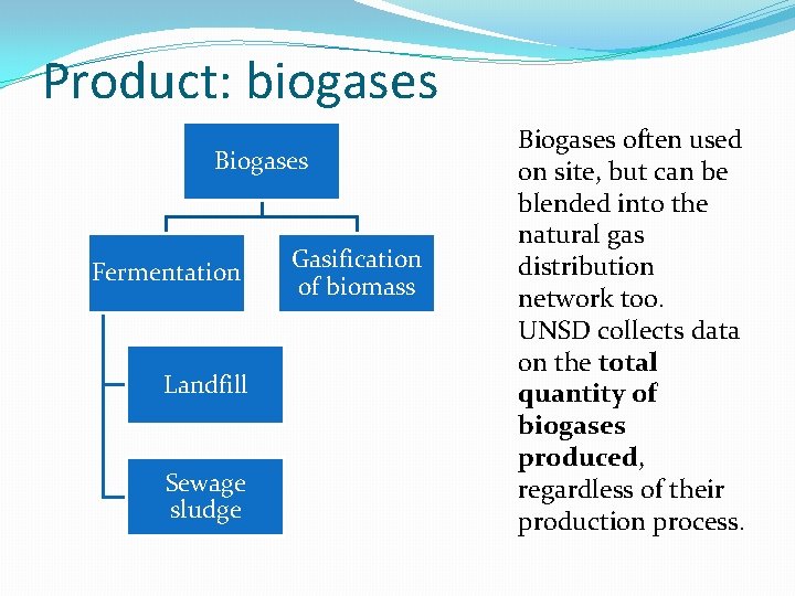 Product: biogases Biogases Fermentation Landfill Sewage sludge Gasification of biomass Biogases often used on