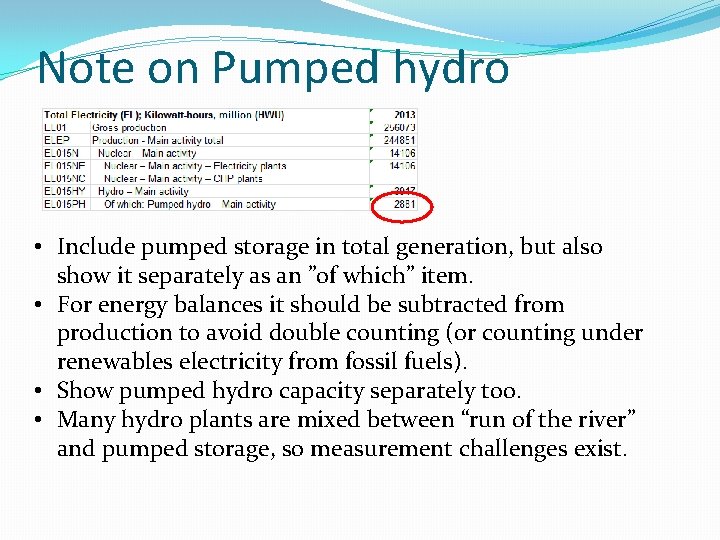 Note on Pumped hydro • Include pumped storage in total generation, but also show