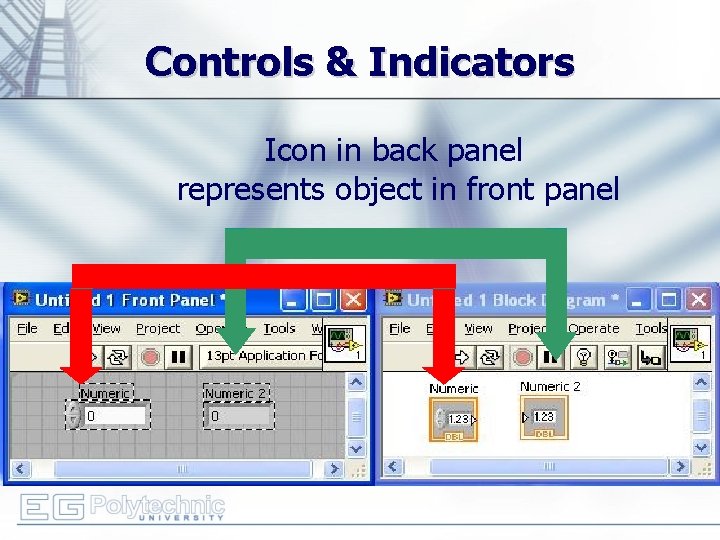 Controls & Indicators Icon in back panel represents object in front panel 