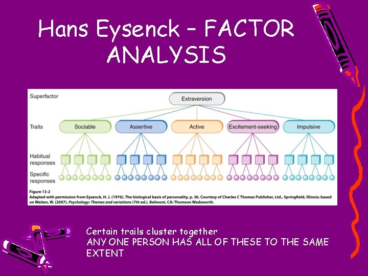 Hans Eysenck – FACTOR ANALYSIS Certain trails cluster together ANY ONE PERSON HAS ALL