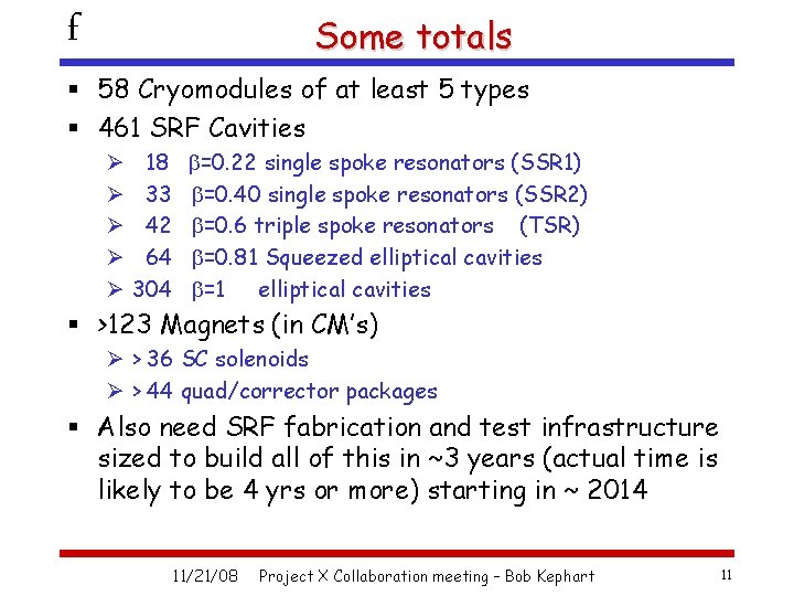 f Some totals § 58 Cryomodules of at least 5 types § 461 SRF