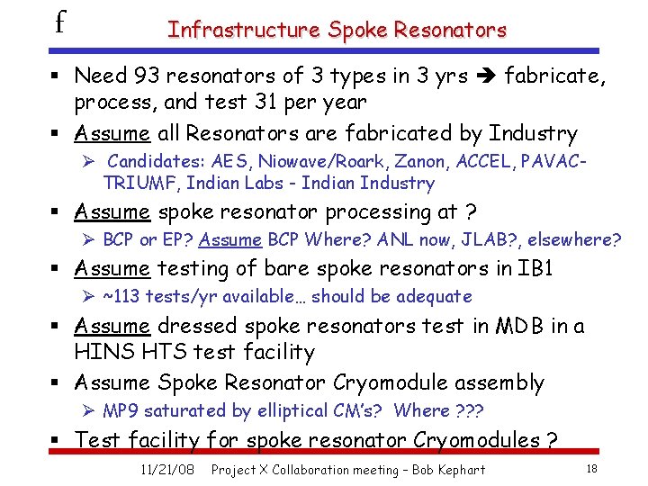 f Infrastructure Spoke Resonators § Need 93 resonators of 3 types in 3 yrs