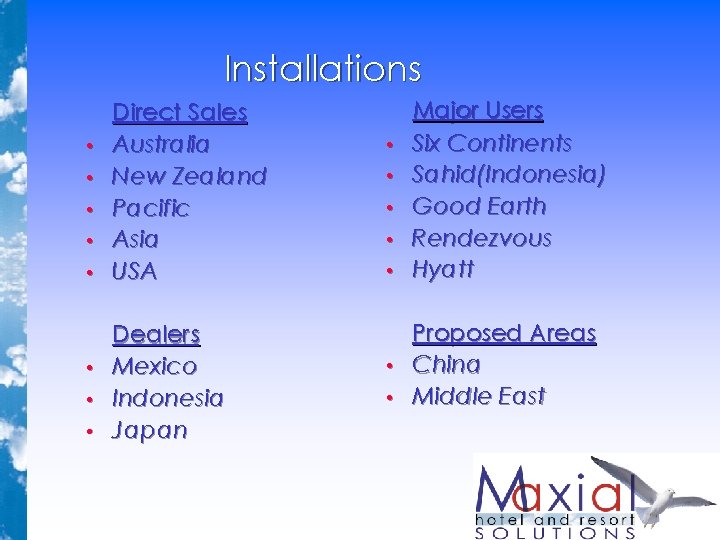 Installations • • Direct Sales Australia New Zealand Pacific Asia USA Dealers Mexico Indonesia Installations • • Direct Sales Australia New Zealand Pacific Asia USA Dealers Mexico Indonesia