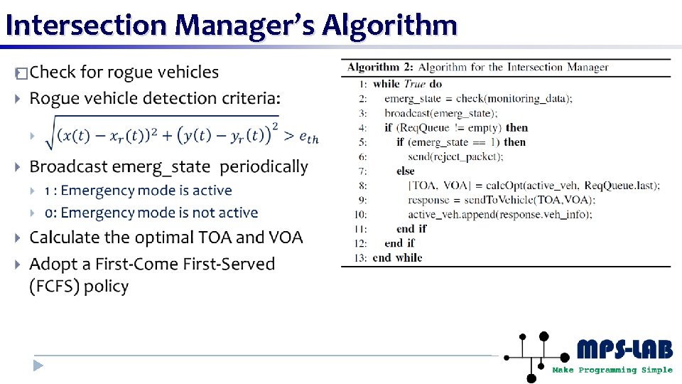 Intersection Manager’s Algorithm � 
