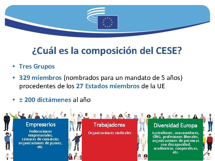 ¿Cuál es la composición del CESE? • Tres Grupos • 329 miembros (nombrados para