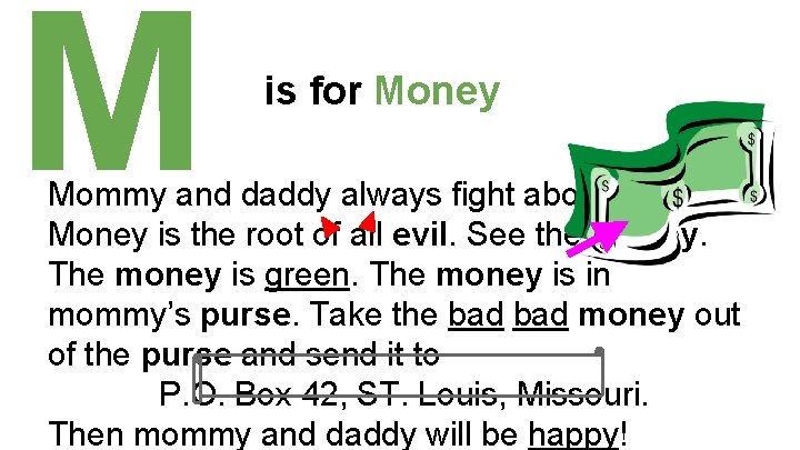 M is for Money Mommy and daddy always fight about money. Money is the