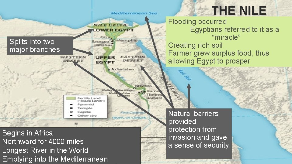 THE NILE Splits into two major branches Begins in Africa Northward for 4000 miles