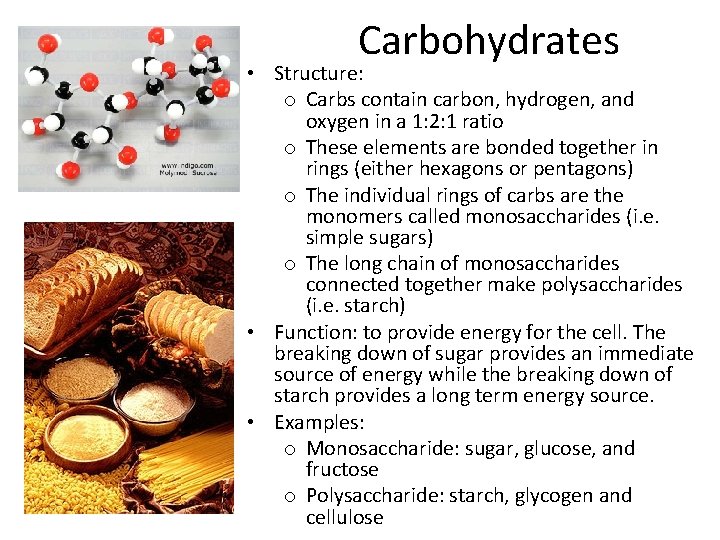 Carbohydrates • Structure: o Carbs contain carbon, hydrogen, and oxygen in a 1: 2: