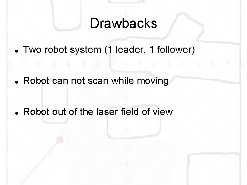 Drawbacks Two robot system (1 leader, 1 follower) Robot can not scan while moving