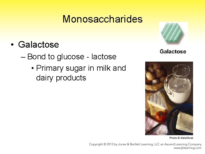 Monosaccharides • Galactose – Bond to glucose - lactose • Primary sugar in milk