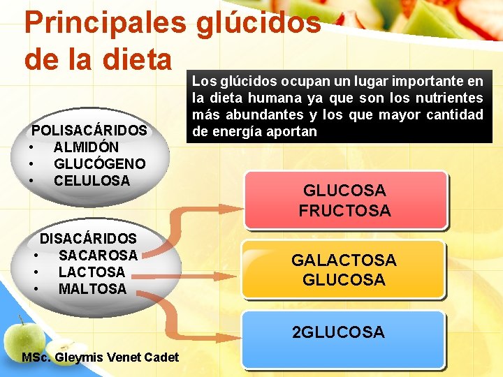 Principales glúcidos de la dieta POLISACÁRIDOS • ALMIDÓN • GLUCÓGENO • CELULOSA DISACÁRIDOS •