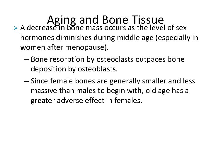 Aging and Bone Tissue Ø A decrease in bone mass occurs as the level