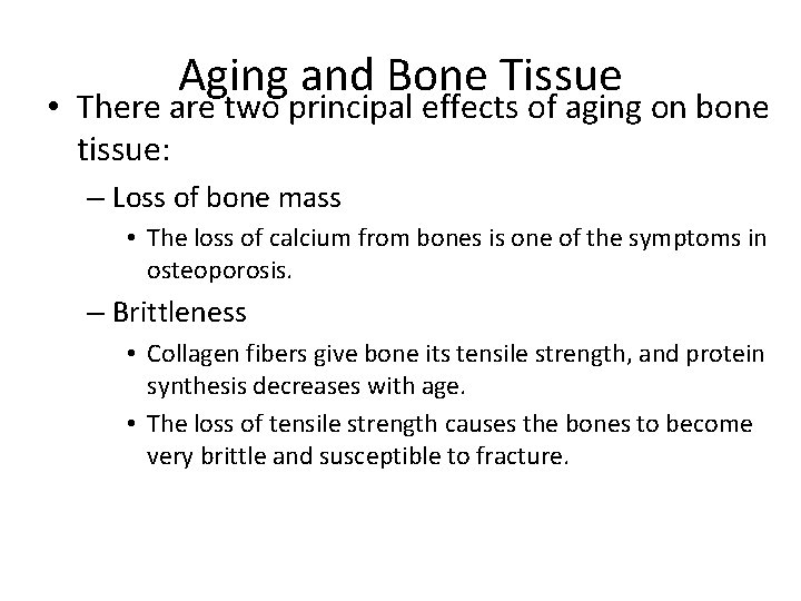 Aging and Bone Tissue • There are two principal effects of aging on bone
