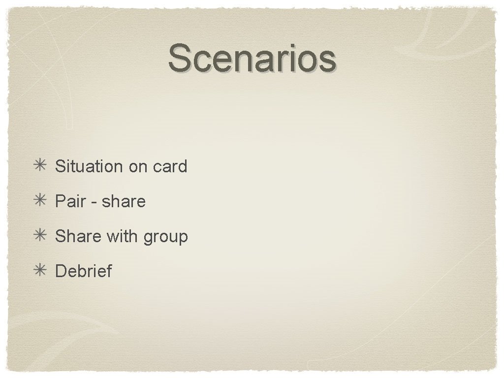 Scenarios Situation on card Pair - share Share with group Debrief 