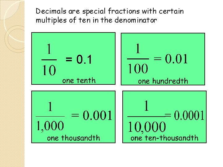 Decimals are special fractions with certain multiples of ten in the denominator = 0.