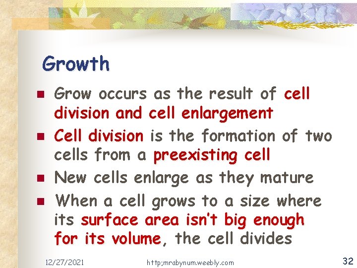 Growth n n Grow occurs as the result of cell division and cell enlargement