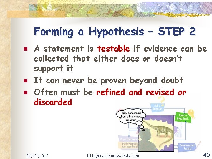 Forming a Hypothesis – STEP 2 n n n A statement is testable if
