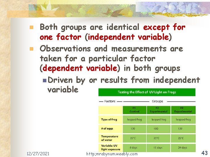 n n Both groups are identical except for one factor (independent variable) variable Observations