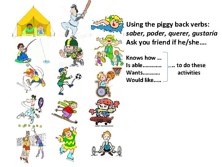 Using the piggy back verbs: saber, poder, querer, gustaría Ask you friend if he/she….