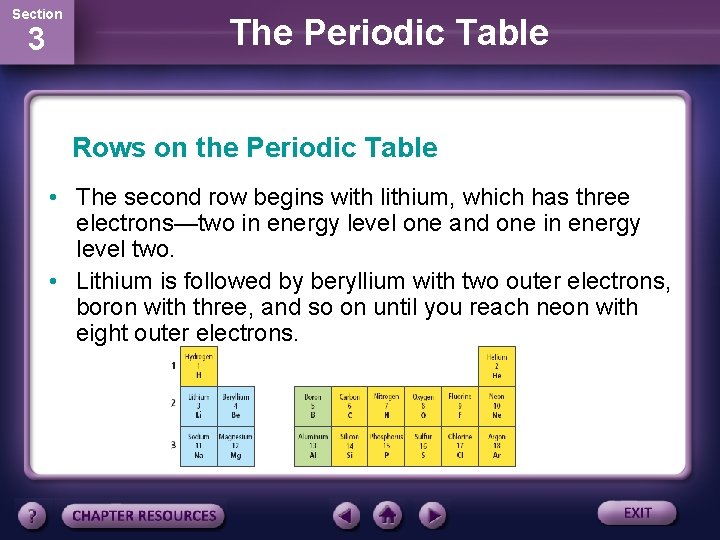 Section 3 The Periodic Table Rows on the Periodic Table • The second row
